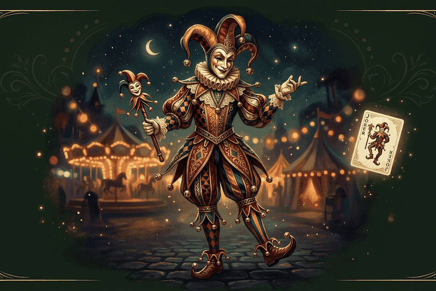 Ilustrasi kartu joker bergambar badut istana dengan latar hijau felt dan aksen emas krem